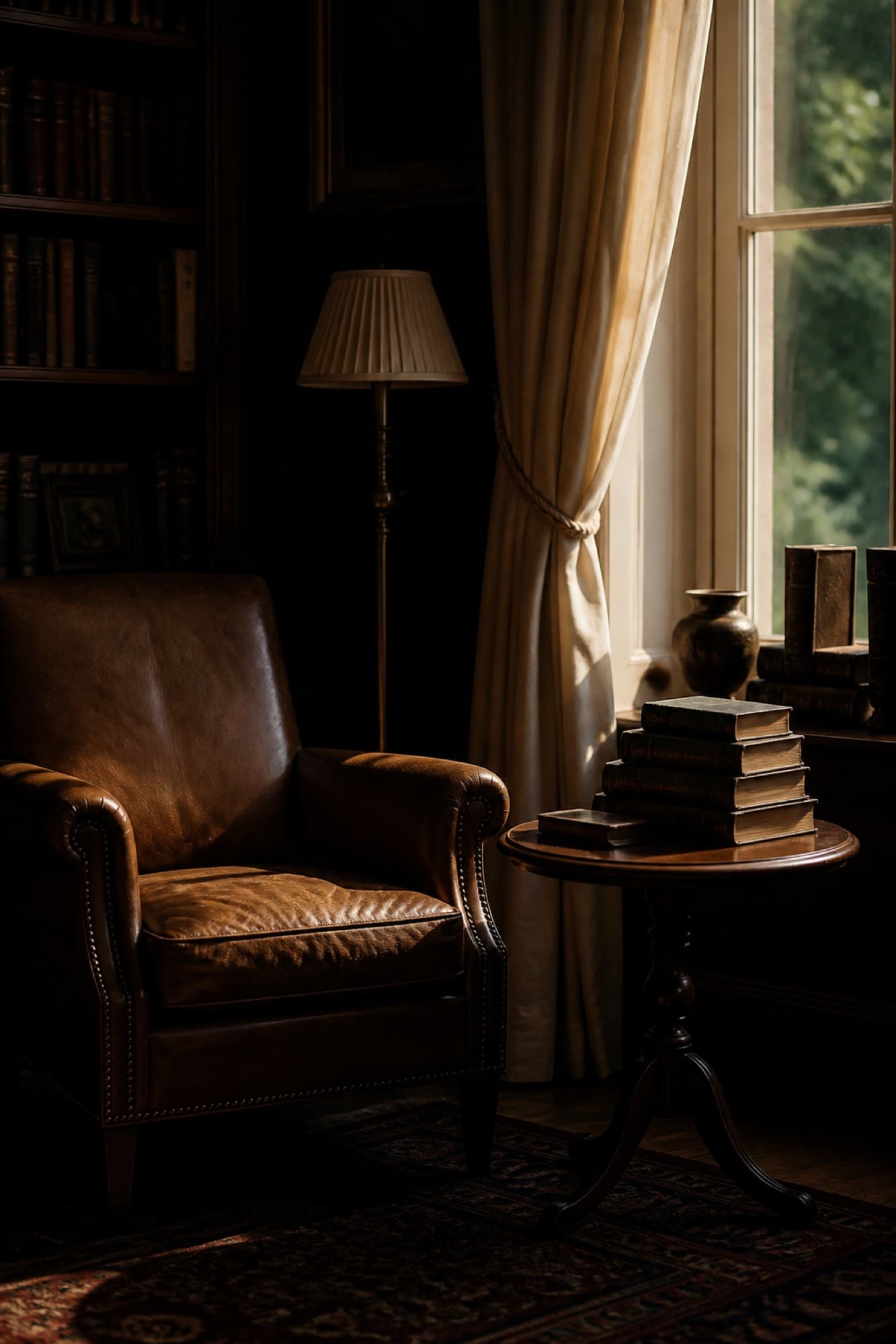 Reading room with leather chair and books